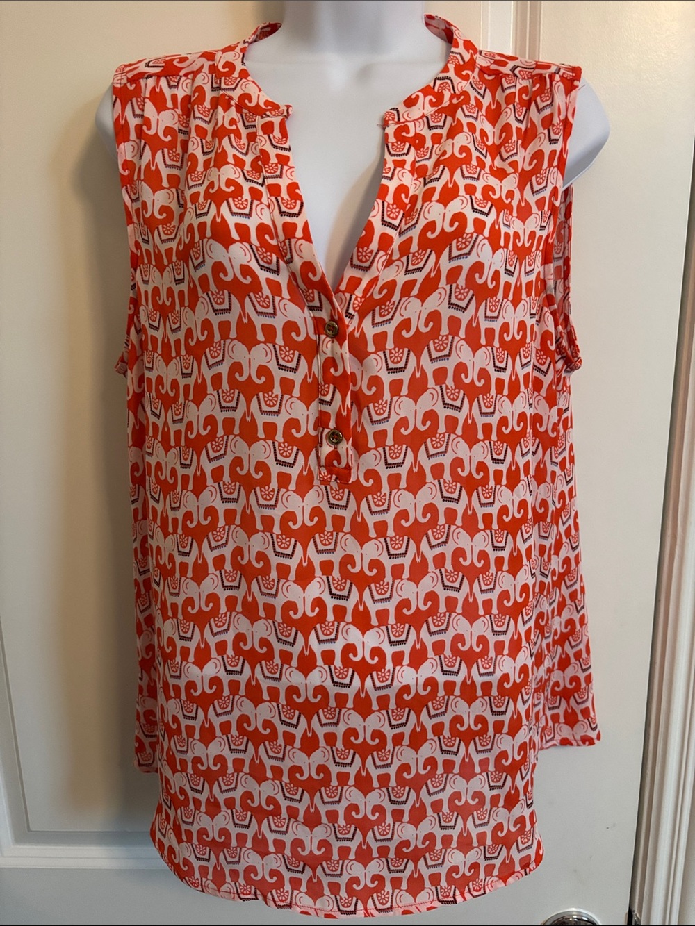 Banana Republic Sleeveless Printed Elephants V-Neck Top Orange & White L (#35T)